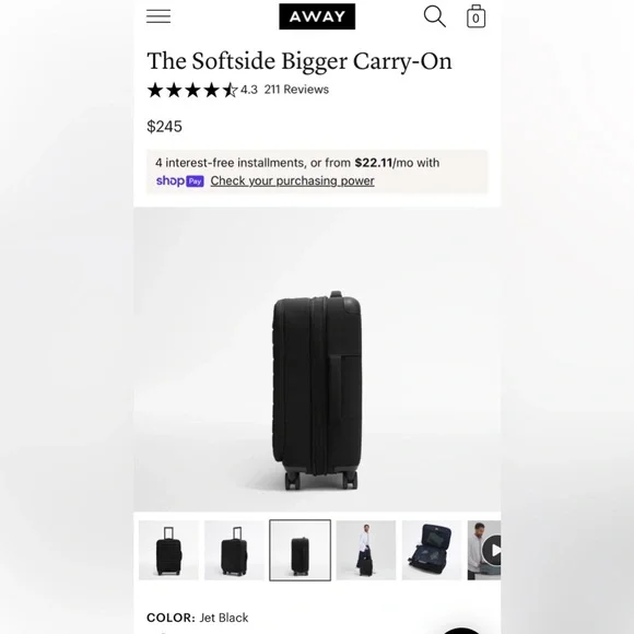 Away Jet Black Softside Carry-On Luggage - Picture 2 of 16